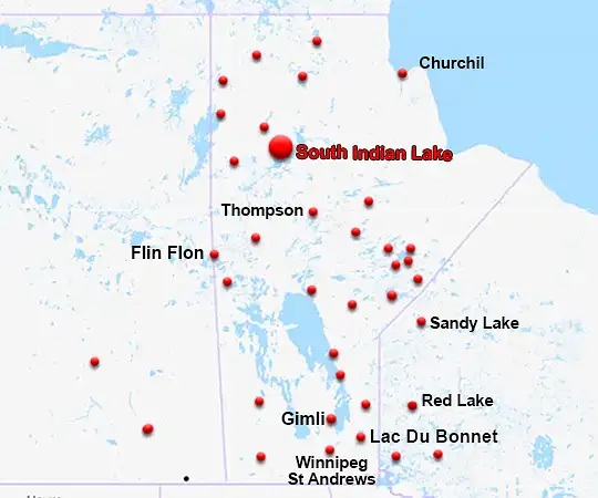 Map showing the location of South Indian Lake in Manitoba